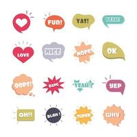Burbujas de jerga diferentes palabras y frases en dibujos animados multicolores amor agradable conjunto de iconos súper planos vector