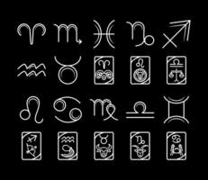 zodíaco astrología horóscopo calendario constelación sagitario tauro leo libra colección de iconos estilo de línea fondo negro vector
