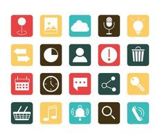 mobile application photo audio share telephone calendar clock music web button menu digital flat style icons set vector