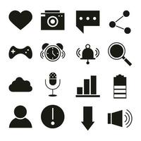 mobile application like camera message sms share avatar audio web button menu digital silhouette style icons set vector