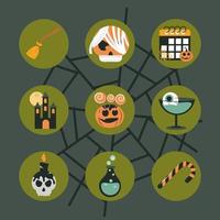 happy halloween green cobweb background trick or treat party celebration flat and block icons set vector