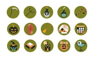 happy halloween trick or treat party celebration skull candle candy hat pumpkin flat and block icons set vector