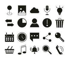 mobile application pointer location message sms avatar music calendar shopping web button menu digital silhouette style icons set vector