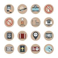 airport travel transport terminal tourism or business control tower hat plane ticket map suitcase block and flat style icons set vector