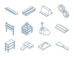 Reparación isométrica trabajo de construcción herramienta y equipo mezclador de escalera barril de hormigón pala martillo de suelo conjunto de iconos de estilo plano vector