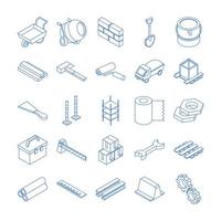 isometric repair construction work tool and equipment concrete mixer wheelbarrow hammer brush gear tape barricade flat style icons set vector