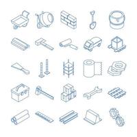 isometric repair construction work tool and equipment concrete mixer wheelbarrow hammer brush gear tape barricade flat style icons set vector