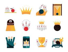 bowling game recreational sport crown trophy ball smartphone glove flat icons set vector