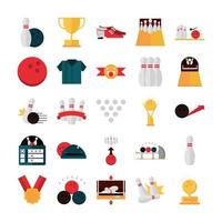 bowling game recreational sport pin ball trophy medal score board flat icons set vector