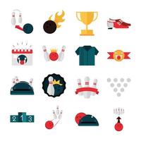 bowling game recreational sport ball trophy shirt machine podium flat icons set vector