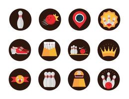 bowling game recreational sport crown trophy ball smartphone glove block and flat icons set vector