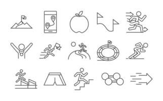 running sport race mountain flag runner apple weight medal winner line icons set design vector