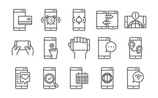 aplicación digital de tecnología de dispositivo de teléfono inteligente y conexión conjunto de iconos de diseño de estilo de línea delgada vector