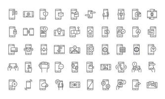 aplicación digital de tecnología de dispositivo de teléfono inteligente y conexión conjunto de iconos de diseño de estilo de línea delgada vector