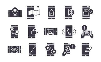 smartphone device technology digital app and conection silhouette style design icons set vector