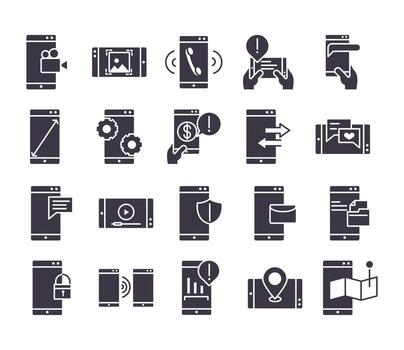 smartphone device technology digital app and conection silhouette style design icons set vector