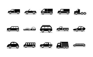 modelo de coche remolque autobús camión transporte vehículo silueta estilo iconos escenografía vector