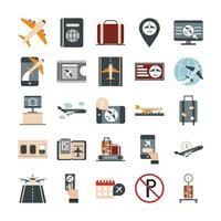 aeropuerto viaje transporte terminal turismo o avión de negocios pasaporte maleta boleto maleta equipaje conjunto de iconos de estilo plano vector