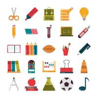 school education supply class stationery flat style icons set vector