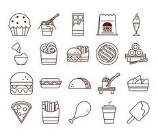 fast food dinner and menu tasty meal and unhealthy restaurant lunch icons set line and fill style vector