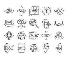 360 degree view virtual tour image panorama linear style icons set design vector