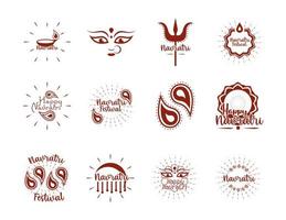 happy navratri indian celebration goddess durga culture traditonal icons set flat style vector