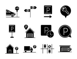 estacionamiento, transporte, línea de negocio, estilo, iconos, conjunto, diseño