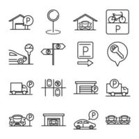 estacionamiento, transporte, línea de negocio, estilo, iconos, conjunto, diseño vector