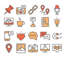 social media digital internet network communicate technology line and fill design icons set vector