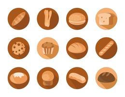 Menú de pan panadería bloque de productos alimenticios y conjunto de iconos planos vector