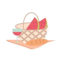 picnic basket slices watermelon wine glass and blanket vector
