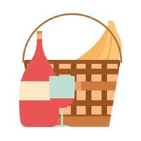 picnic basket with bananas wine bottle and glass cup vector