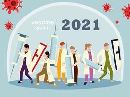 medical staff work hard to fight covid 19, vaccine vector