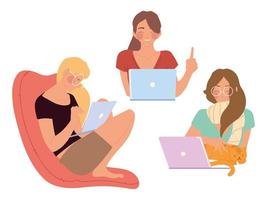 home working, female characters using laptop devices work vector