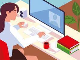 woman working with computer books on the desk workspace vector