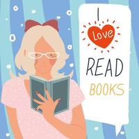 amo leer libros, linda mujer con gafas leyendo un libro vector