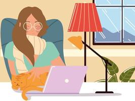 home working, woman with laptop lamp and cat workspace vector