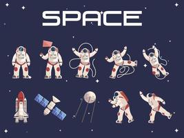 space astronaut character in spacesuit satellite spaceship vector