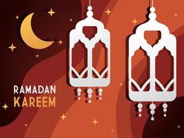 ramadan kareem linterna de papel decorativa y luna fondo estrellado vector