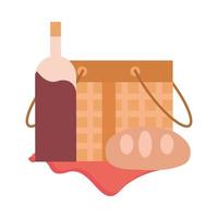 picnic basket with fresh bread and wine bottle vector