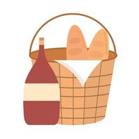 picnic basket wine bottle bread baguettes and napkin vector