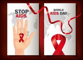 set poster of world aids day with ribbon vector