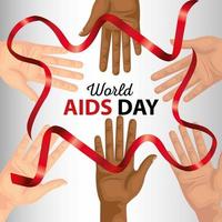 poster world aids day with hands and ribbon vector