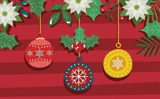 merry christmas poster with balls decorative and flowers vector