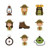 group tourists with set icons of camping vector