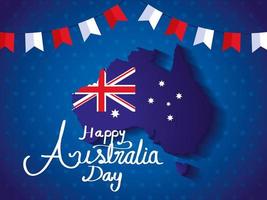 feliz día de australia con mapa y guirnaldas colgando vector