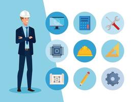 engineer man with set icons working vector