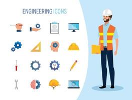 ingeniero, hombre, con, conjunto, iconos, trabajando vector