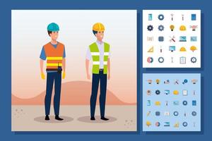 engineer men with set icons working vector
