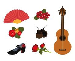 Paquete de baile flamenco y set de iconos. vector